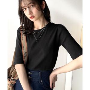 tシャツ 半袖 さりげなく華奢見せで大人の魅力アップ。5分袖ストレッチリブコンパクトトップス レディース