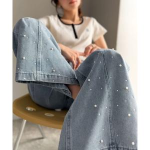 ジーンズ デニム デニムパンツ 「mily bilet」カジュアルにきらめきを。パールビジューワイドストレートデニムパンツ レディース