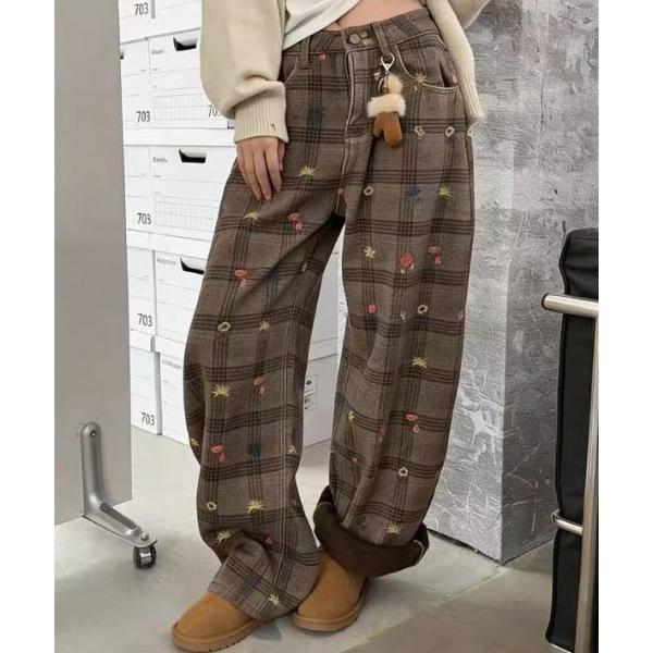 パンツ 26ss　花ししゅう/チェック柄ワイドシルエットパンツ レディース