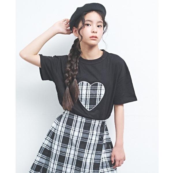 tシャツ 天竺モノトーンチェックハートパッチTシャツ キッズ 子供服 女の子