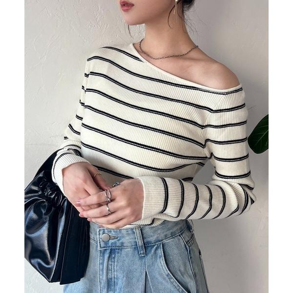 ニット セーター ボーダー アシンメトリーオフショルダーリブニット レディース