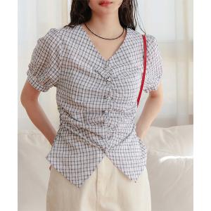 ブラウス シャツ フロントギャザー半袖ブラウス レディース