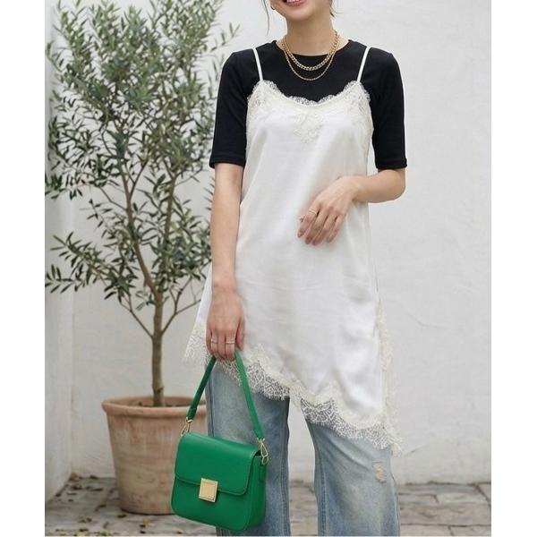 キャミソール サテンレースアシメロングキャミソール