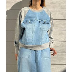 トレーナー スウェット デニム裏毛ドッキングスウェット レディース