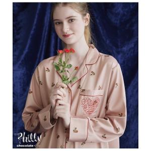 パジャマ ルームウェア 肌側起毛プリントサテンシャツワンピース レディース