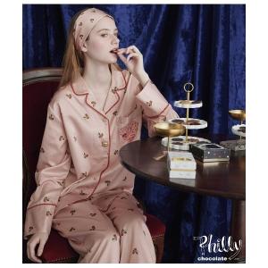 パジャマ ルームウェア 肌側起毛プリントサテンシャツパジャマ レディース