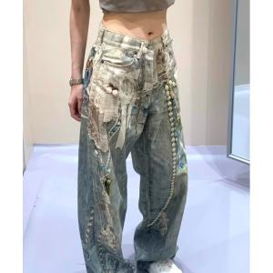 ジーンズ デニム デニムパンツ プリントアクセデザインワイドデニムパンツ レディース