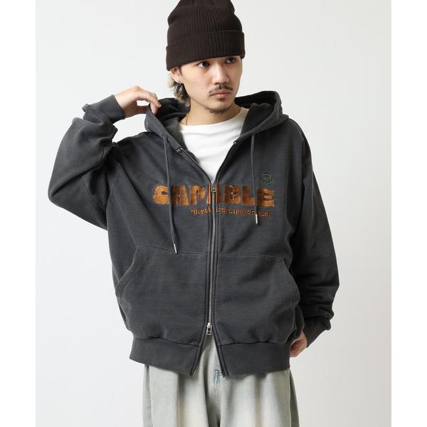パーカー 裏毛ヴィンテージ加工ロゴ刺繍フルジップパーカー メンズ レディース