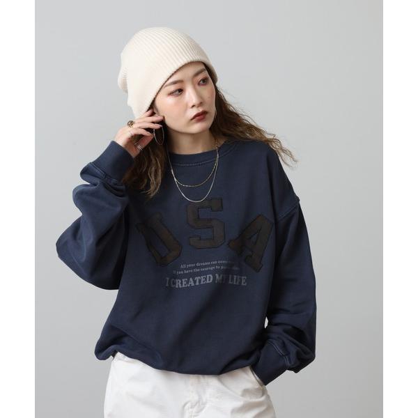 トレーナー スウェット 裏毛ピグメント加工ワッペン刺繍トレーナー メンズ レディース
