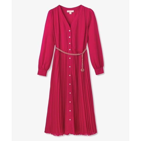 ワンピース ソリッド プリーツ ロングスリーブ ミディ ドレス