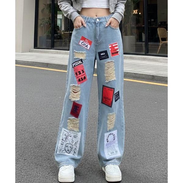 ワイドパンツ ジーンズ デニム デニムパンツ ストリートワッペンデニムパンツ レディース