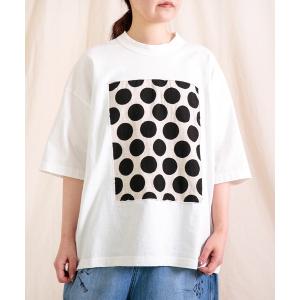 tシャツ 「prit」 空紡天竺×プリント 5分袖フレームTシャツ (ドット＆チェック) レディース