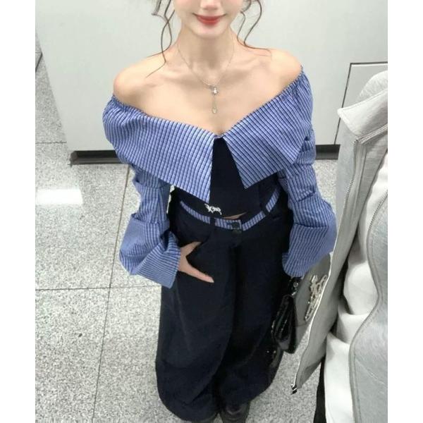 セットアップ チェック柄ドッキング オフショルダートップス × ワイドパンツ セットアップ レディー...