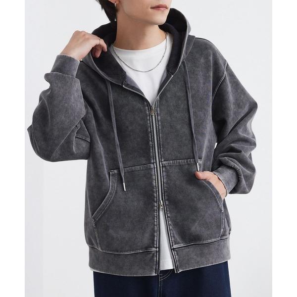 パーカー ヴィンテージライク ケミカルウォッシュ ショート丈 ダンボール ダブルジップパーカー メン...