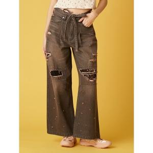 ワイドパンツ ジーンズ デニム デニムパンツ レースクラッシュデニムパンツ レディース