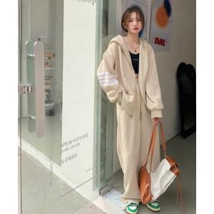 パジャマ ルームウェア 韓国ファッション 「上下セット」袖ラインジップアップパーカーセットアップ レディース