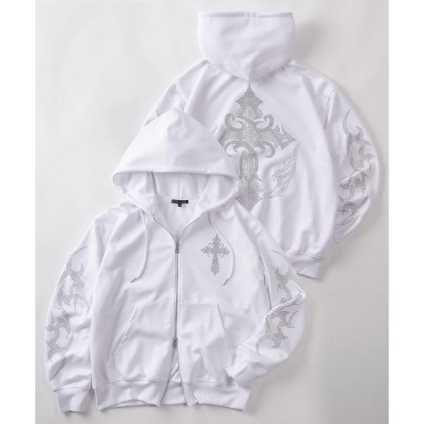 パーカー 「82」クロス＆トライバル ラインストーン ジップパーカー/ポンチ/ショート丈/ダブルジッ...