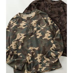 ヘンリーネック tシャツ 「82」カモフラ柄 クロスワンポイント ワッフル ヘンリーネック ロングスリーブTシャツ/メンズ/レディース/ユニセックス