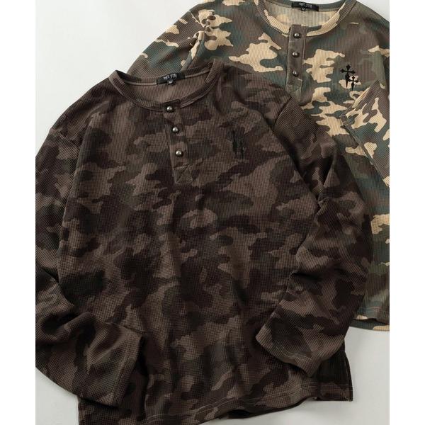 tシャツ 「82」カモフラ柄 クロスワンポイント ワッフル ヘンリーネック ロングスリーブTシャツ/...