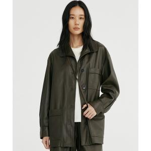 コート アウター オープンカラーレザーライクジャケット レディース