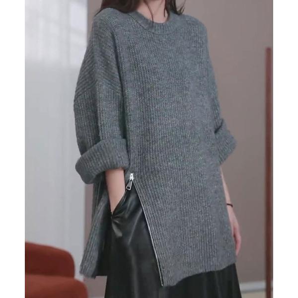 ニット セーター サイドジップデザインゆったりニットトップス レディース