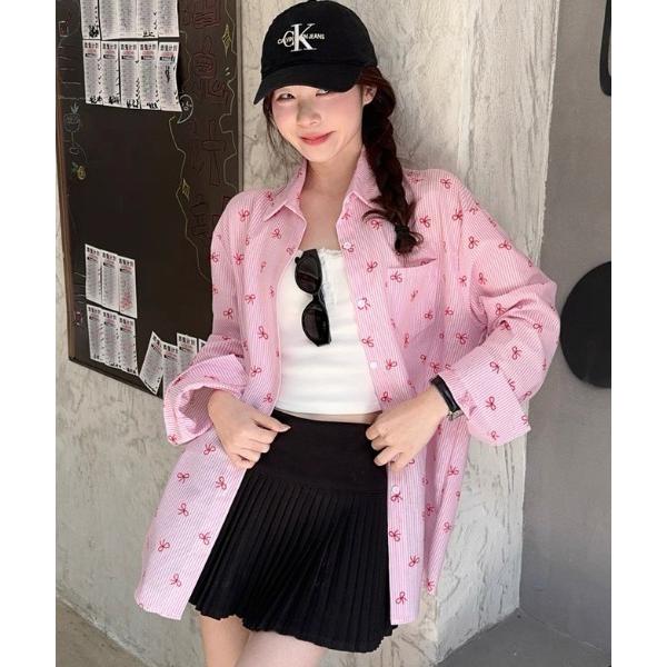 ブラウス シャツ リボン＆ストライプ柄ビッグシルエットシャツ レディース