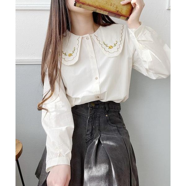 ブラウス シャツ ビッグカラー刺繍ブラウス レディース