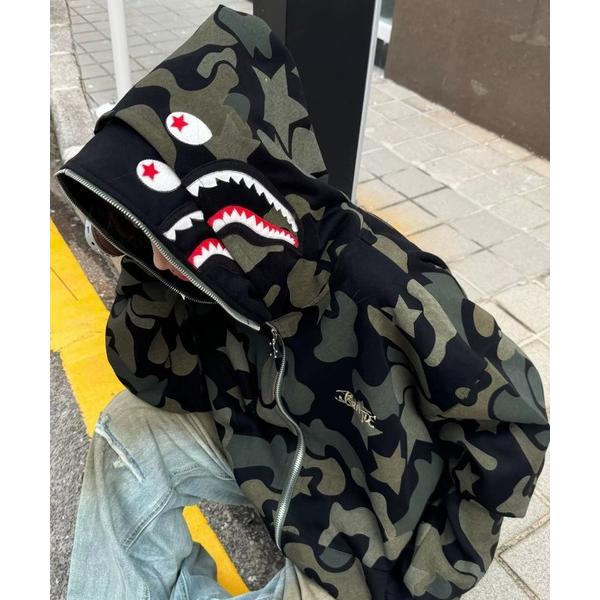 パーカー シャークデザイン カモフラ柄 ジップアップパーカー レディース メンズ
