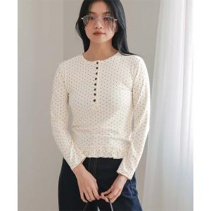 tシャツ ドット裾フリルヘンリーネックトップス レディース