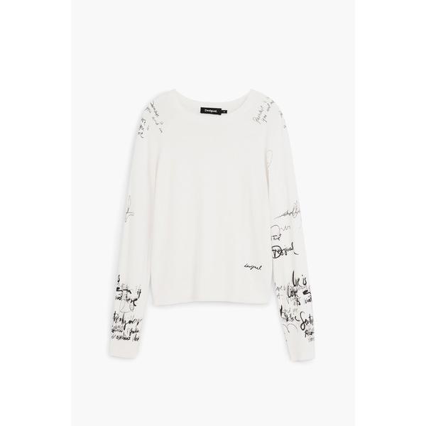 ニット セーター レタリングプリントリブTシャツ 白 黒 レディース