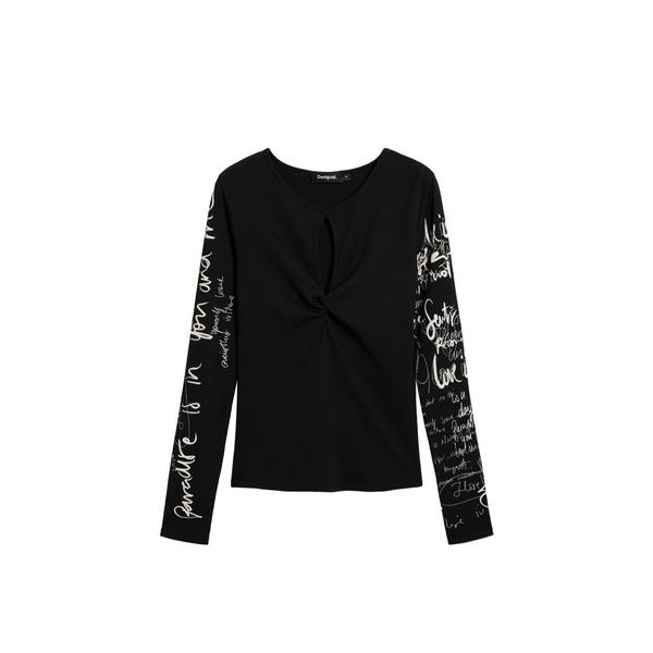 tシャツ 袖レタリングプリント 胸元ギャザーブラック長袖Tシャツ レディース