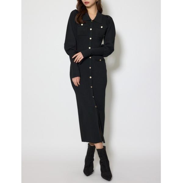 ワンピース パフロングスリーブニットタイトワンピース 春服