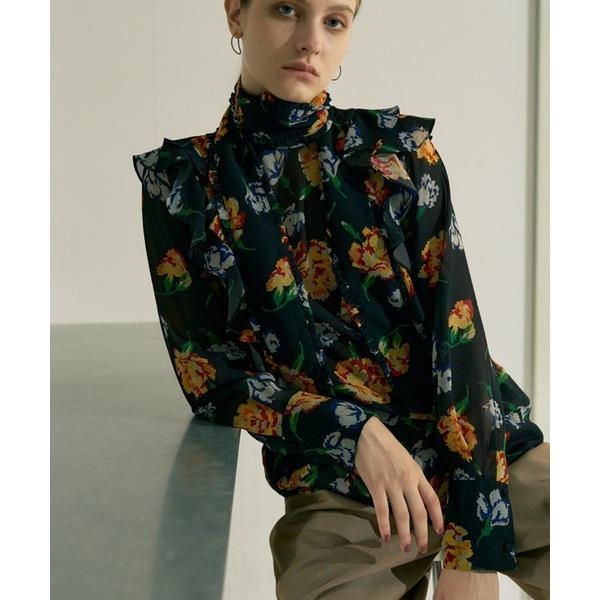 ブラウス シャツ 「セットアップ対応」フラワープリントリボン付きラッフルブラウス レディース