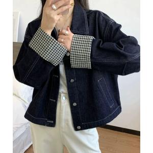 デニムジャケット gジャン チェック柄 袖折り返しデニムジャケット レディース