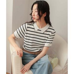 ニット セーター ピコデザイン半袖ポロニット レディース