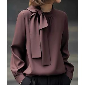 ブラウス シャツ ハイカラーリボンサテンブラウス レディース