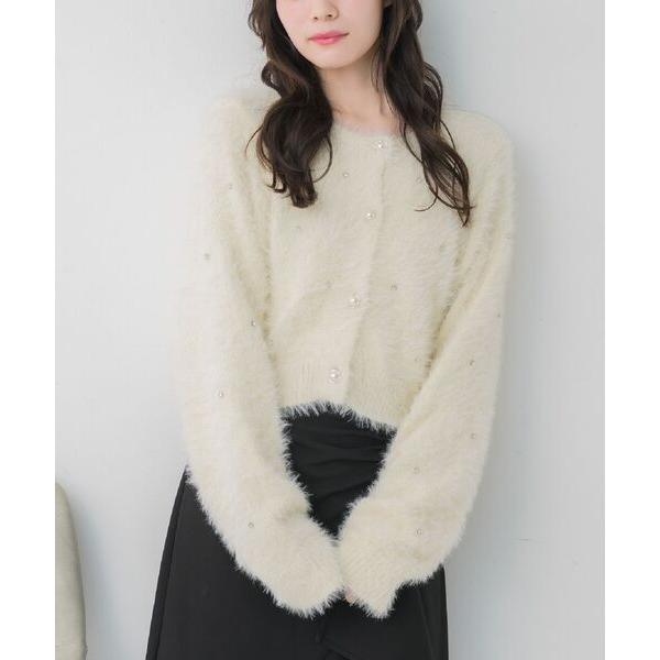 カーディガン ビジュー付きシャギーカーデ レディース