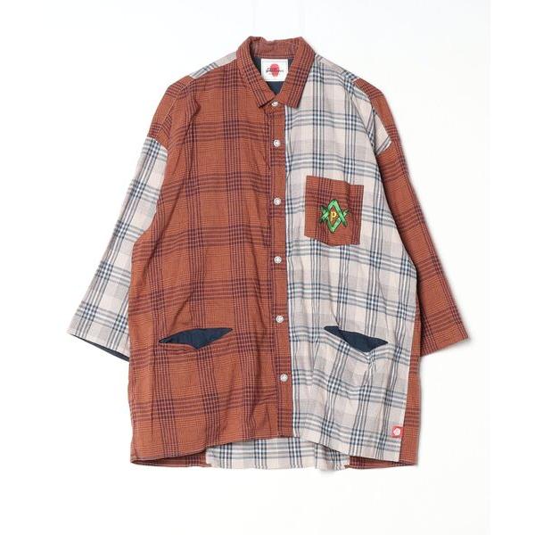 「PUNK DRUNKERS」 チェック柄7分袖シャツ L ブラウン メンズ