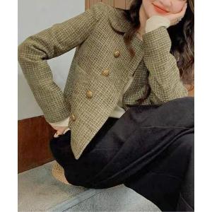 ジャケット ノーカラージャケット ノーカラーレトロチェックツイードジャケット レディース