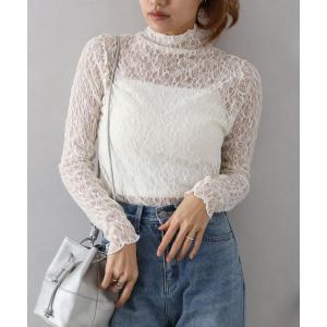 tシャツ レースボトルネックトップス レディース