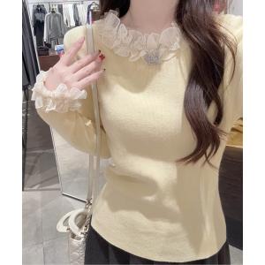 tシャツ シフォンフリルパールヘムリブニットトップス レディース