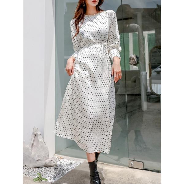 ワンピース ドット柄7分袖ウエストコードロングワンピース