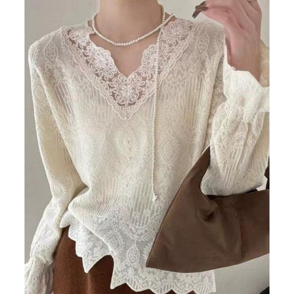 tシャツ ウール混総刺繍レースＶネックトップス レディース
