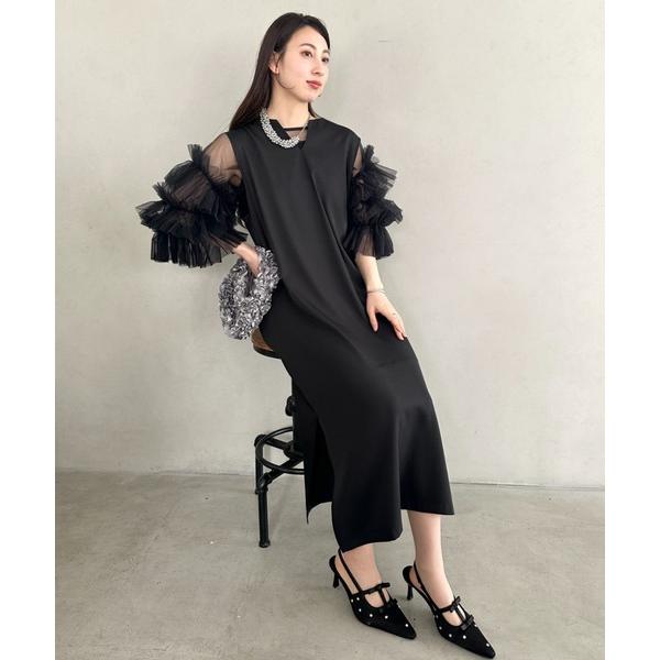 ドレス 袖ボリュームフリルシアーレイヤード　V ネックロングワンピース パーティードレス 結婚式 お...