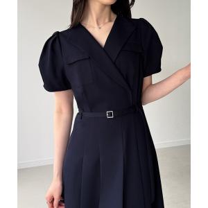 ワンピース 半袖 ベルト付きタックフレアノーカラ...の商品画像