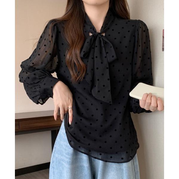 ブラウス シャツ ドット柄×リボンタイ付きブラウス レディース