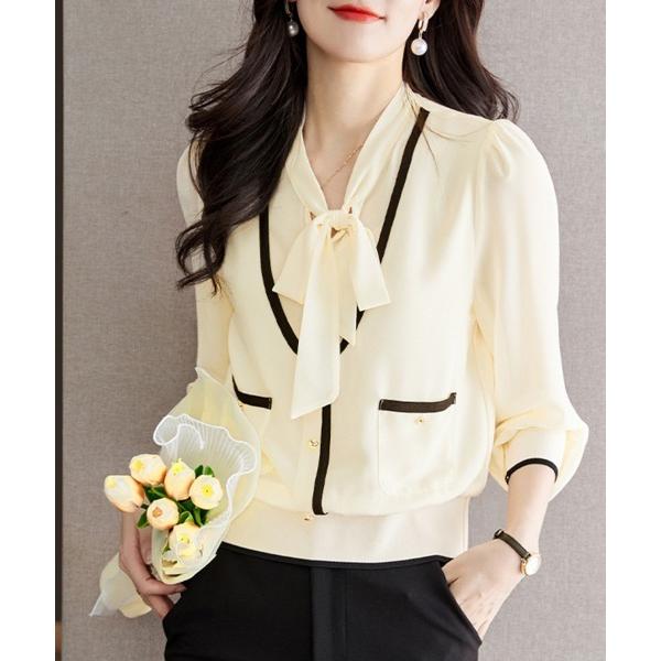 ブラウス シャツ リボンタイ付き×配色デザインブラウス レディース