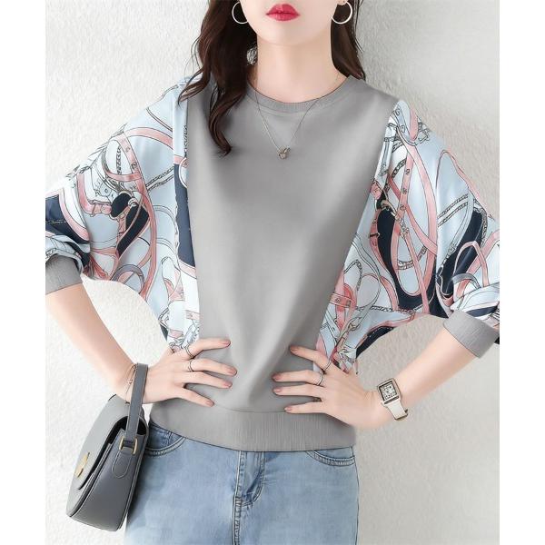 tシャツ プリント袖切替トップス レディース