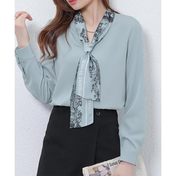 ブラウス シャツ スカーフ風×プリントデザインブラウス レディース
