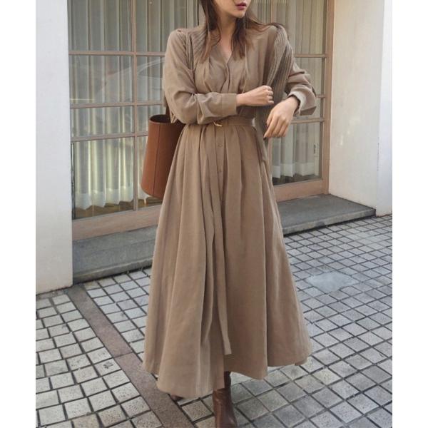 ワンピース Vネック×プリーツスカートワンピース